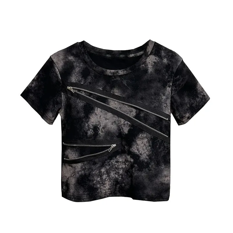 Edgy Tie-Dye Crop T-Shirt with Zipper Decoration