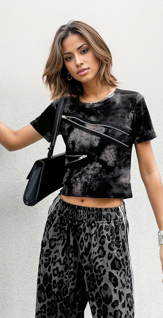 Edgy Tie-Dye Crop T-Shirt with Zipper Decoration