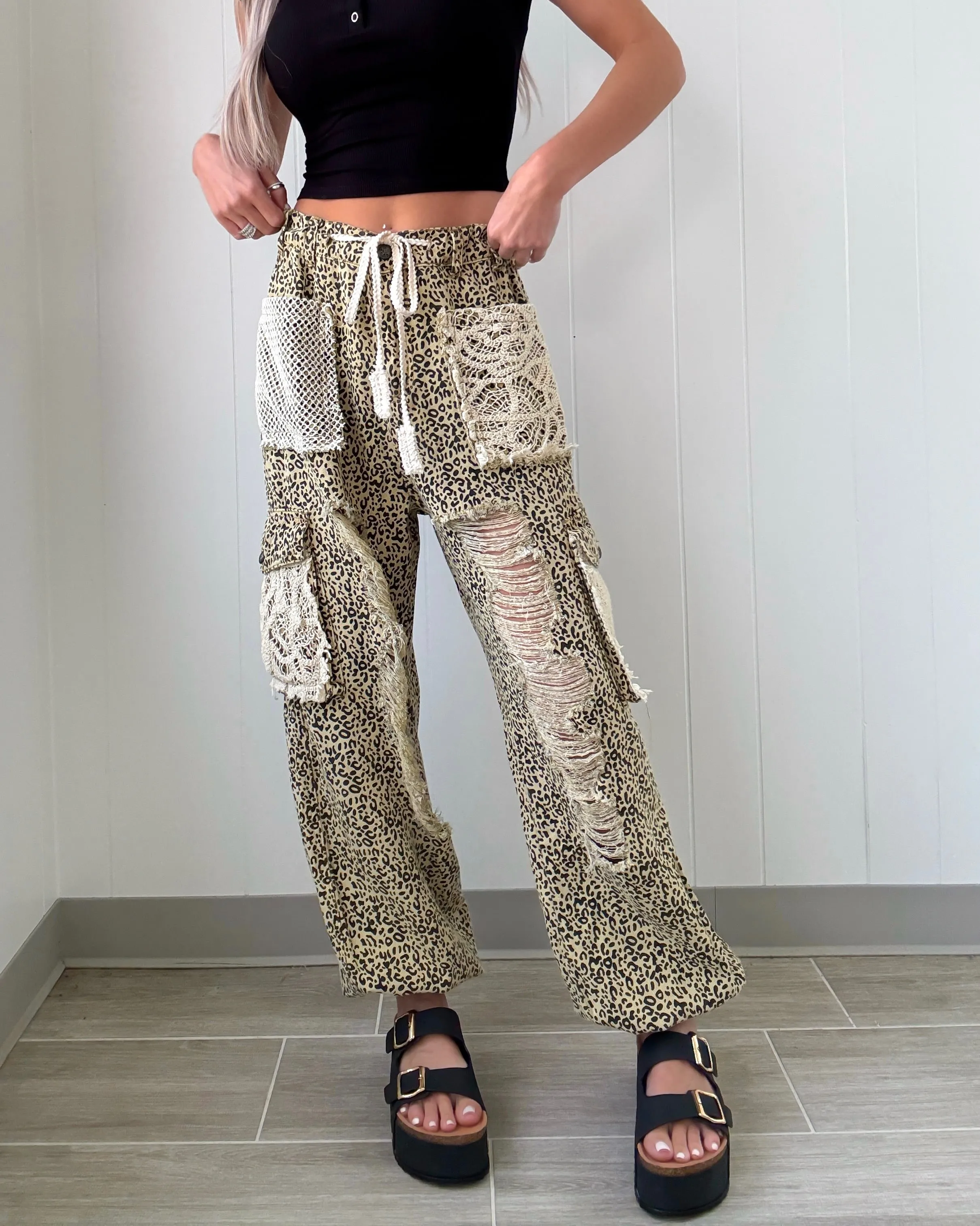 It's A Crush Crochet Patch Denim Joggers - Leopard
