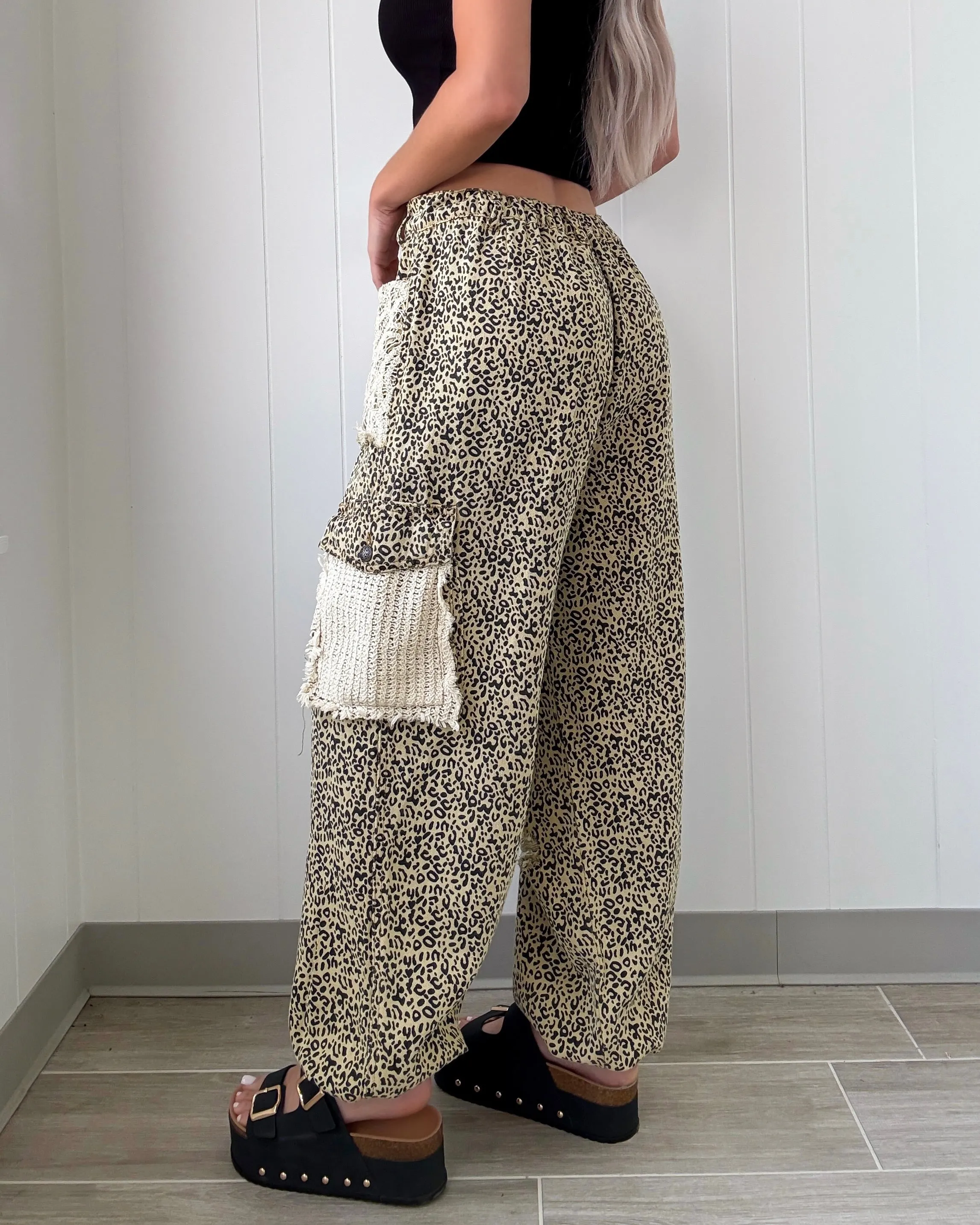 It's A Crush Crochet Patch Denim Joggers - Leopard