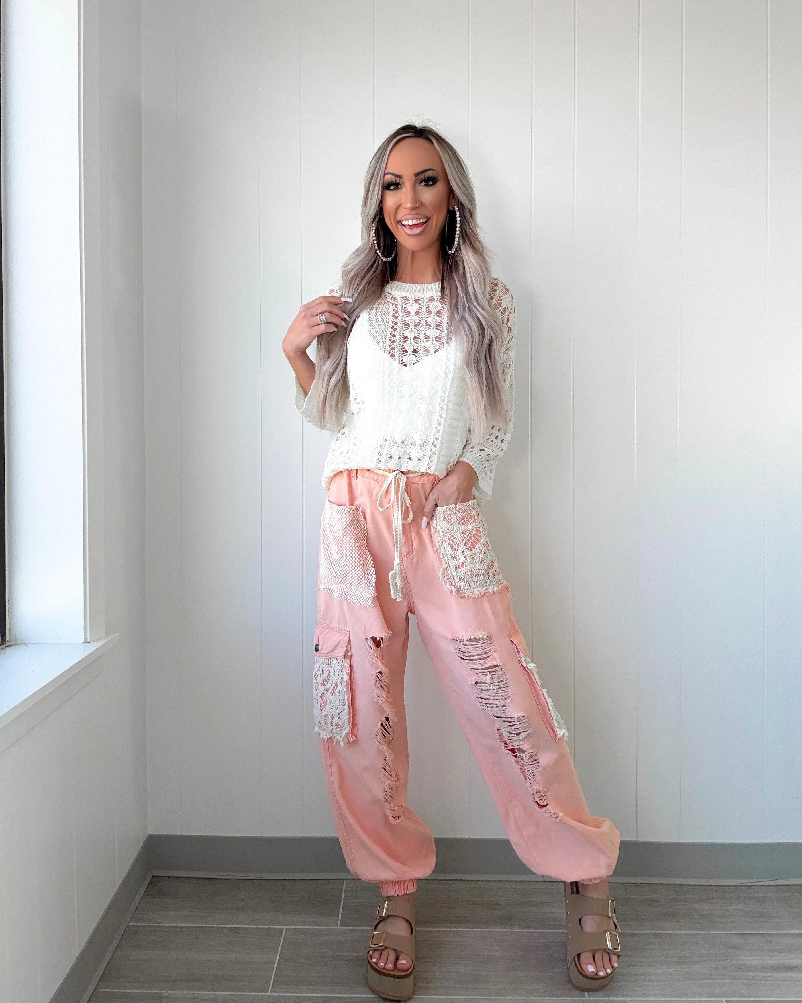 It's A Crush Crochet Patch Denim Joggers - Peach