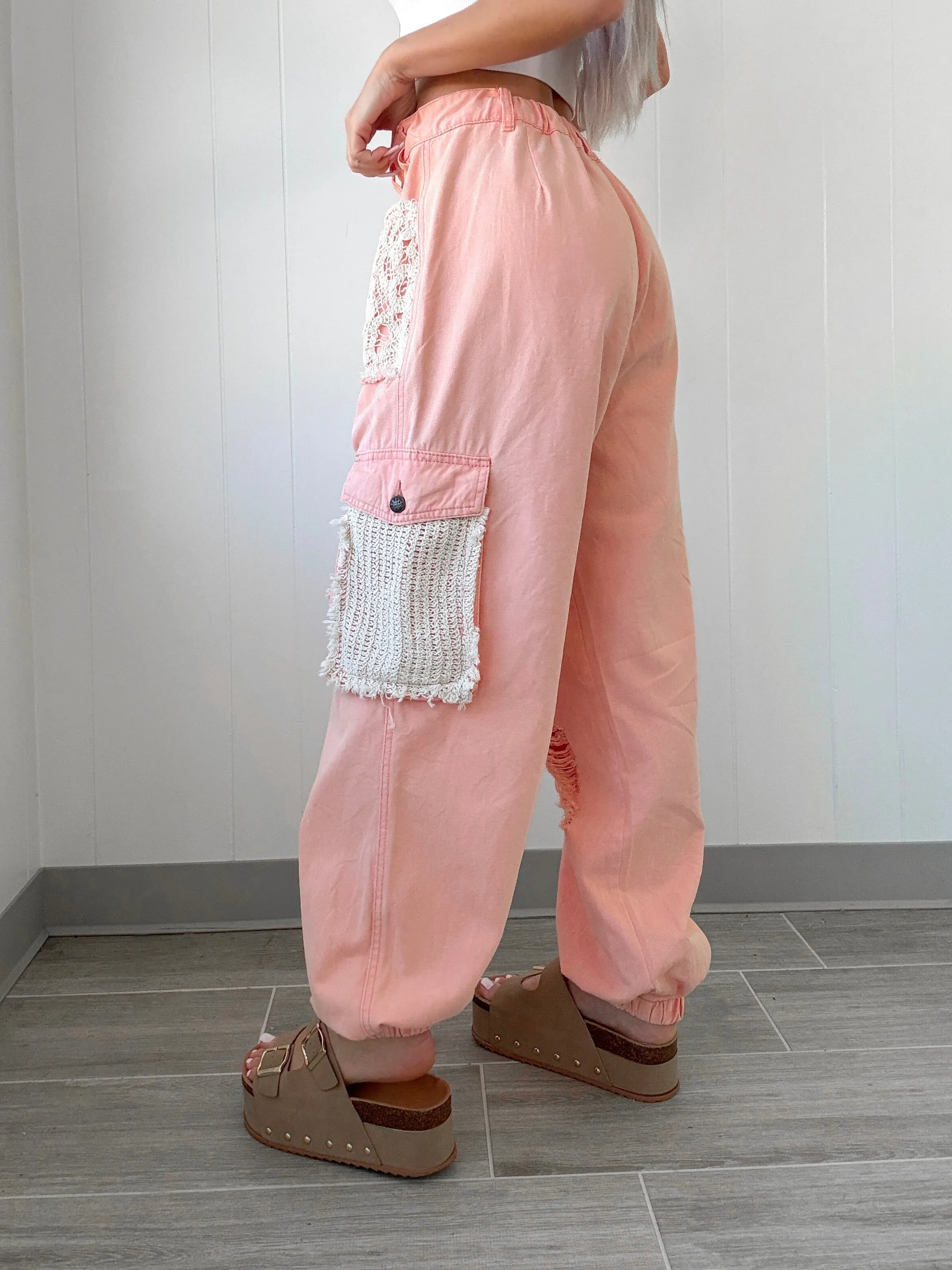 It's A Crush Crochet Patch Denim Joggers - Peach