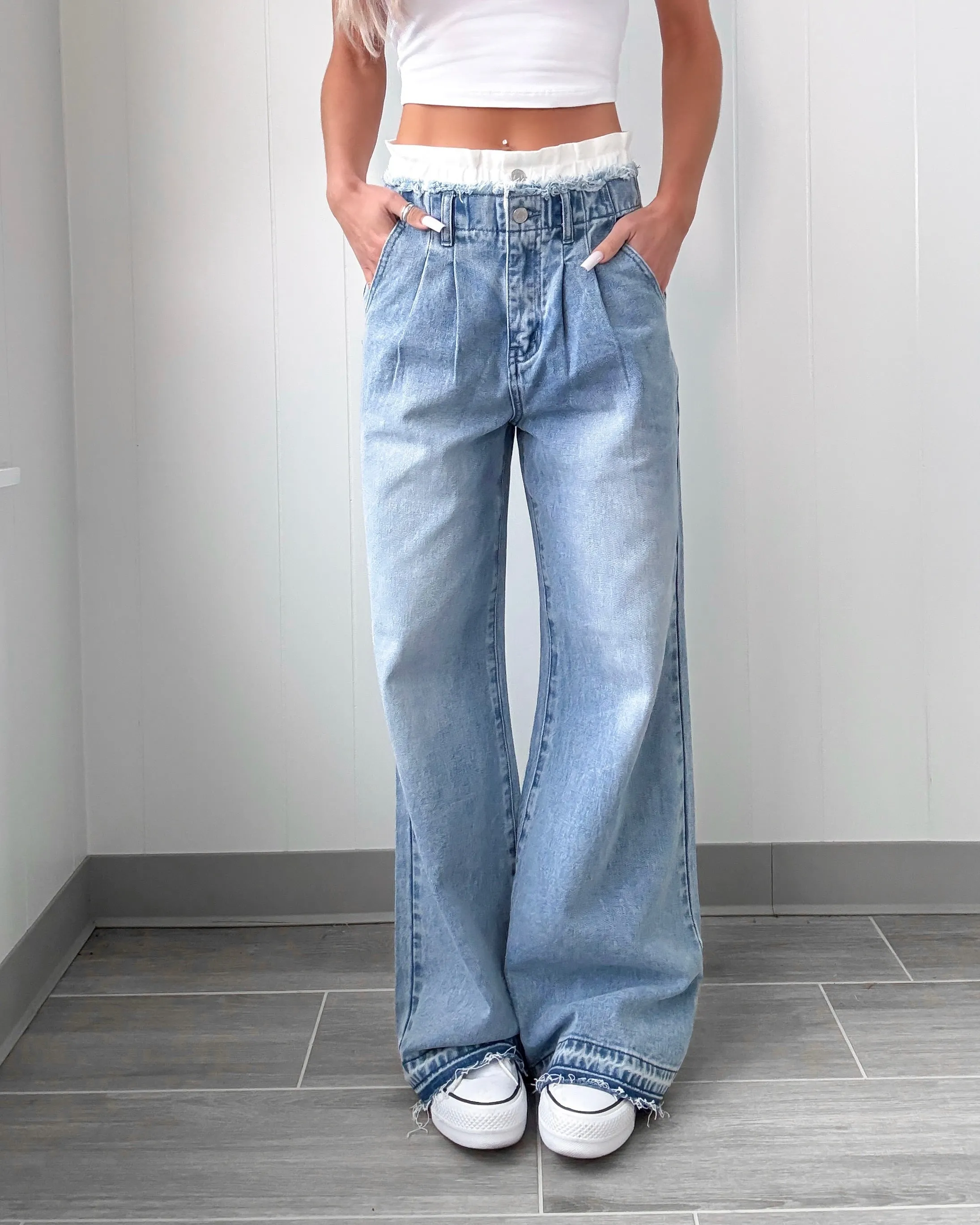 Lyla Double Waistband Wide Leg Jeans - Light Wash