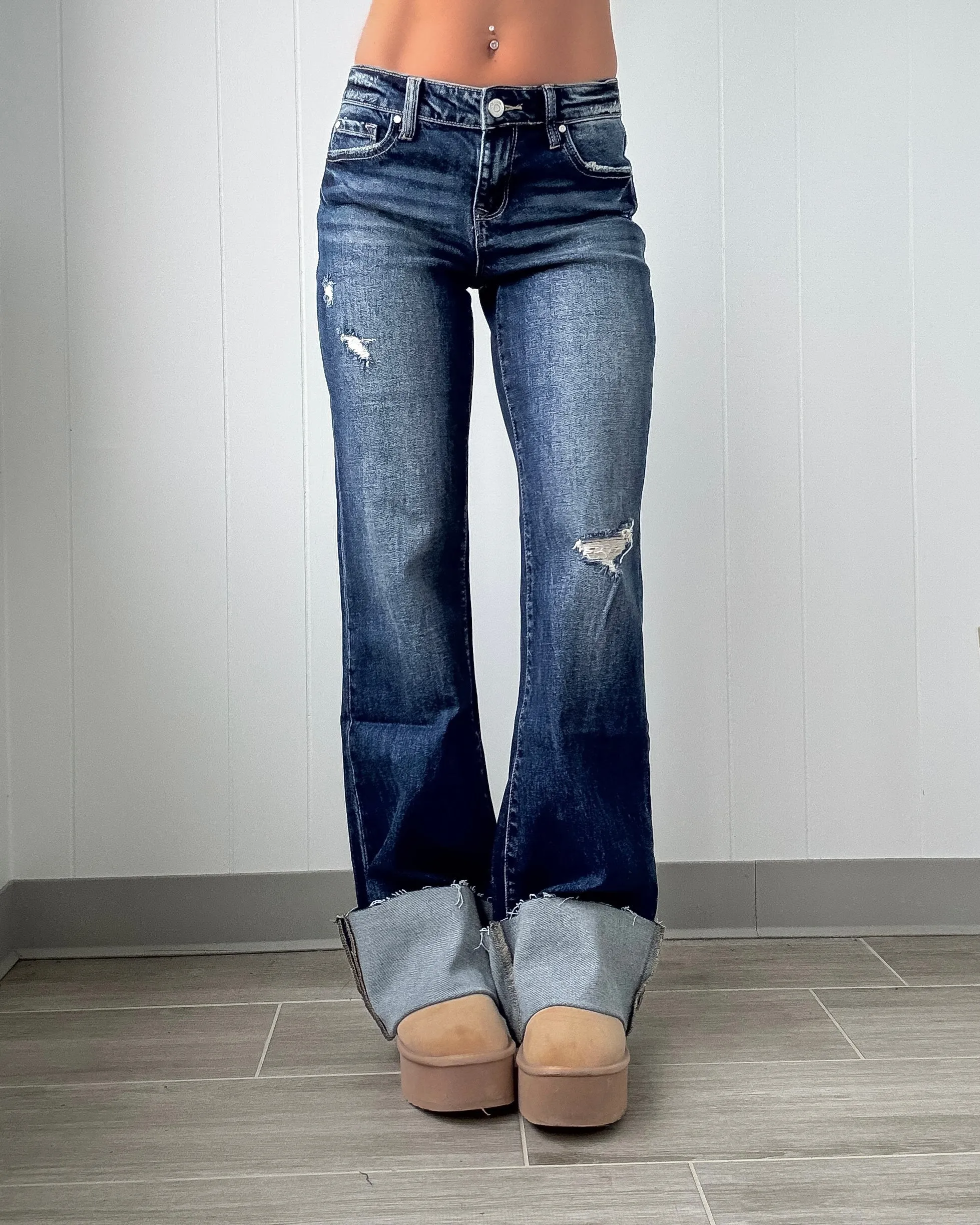 Nina Flare Cuffed Hem Jeans - Dark Wash