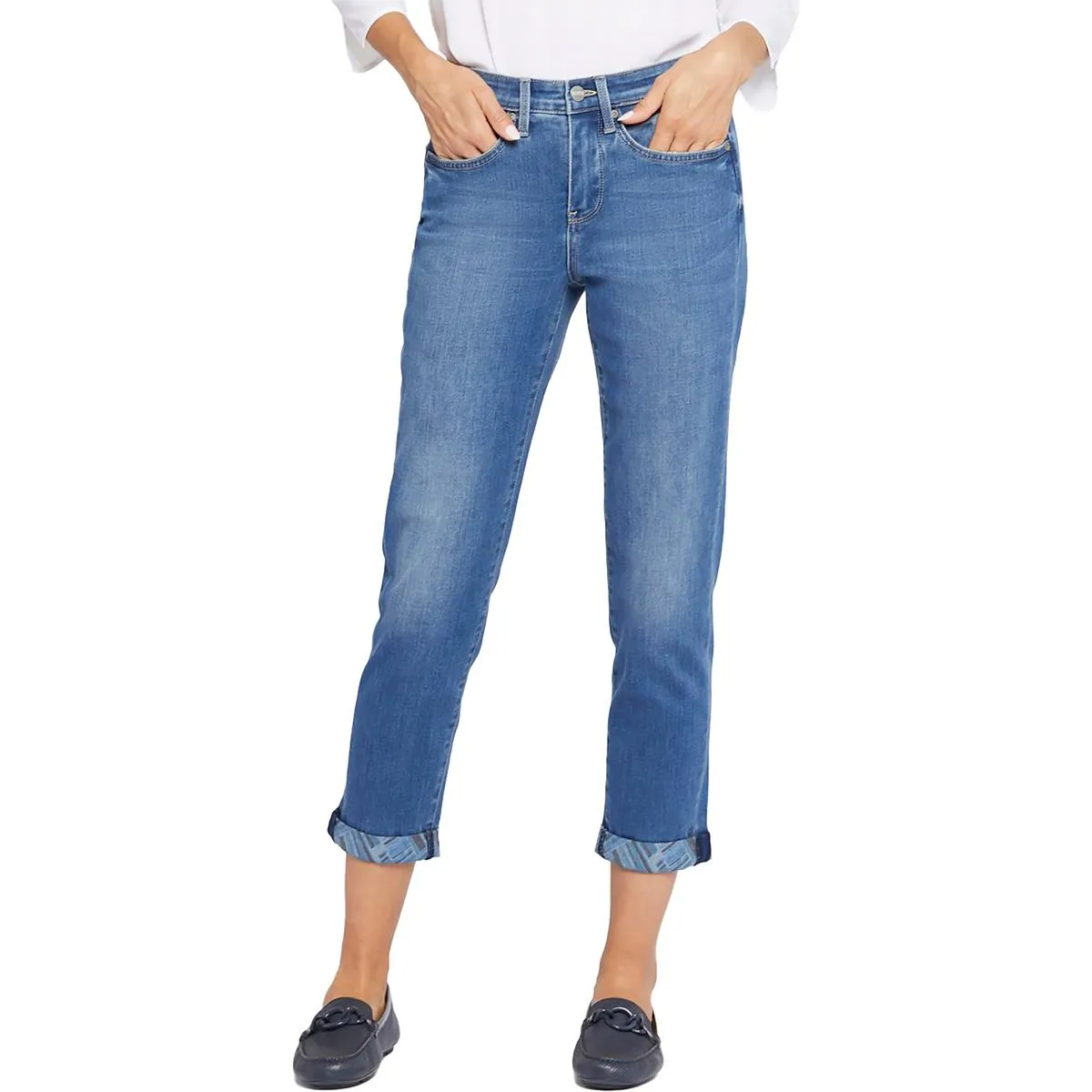 NYDJ Womens Girlfriend Mid-Rise Printed Cuff Straight Leg Jeans