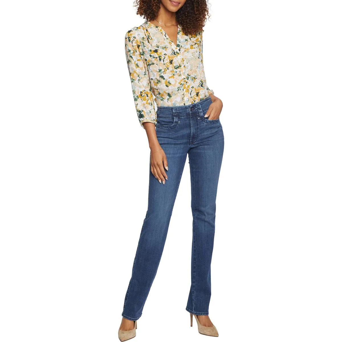 NYDJ Womens Marilyn High Rise Dark Wash Straight Leg Jeans