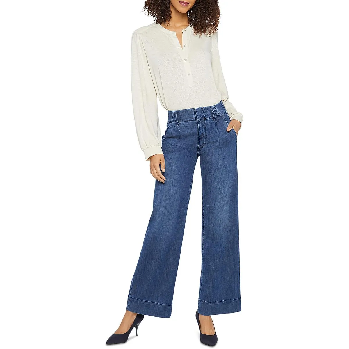NYDJ Womens Mona Pleated Cotton Wide Leg Jeans