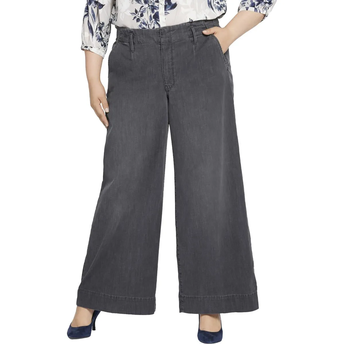 NYDJ Womens Plus High Rise Pleated Wide Leg Jeans