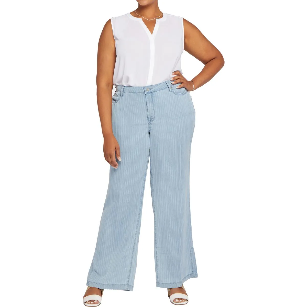 NYDJ Womens Plus High Rise Striped Wide Leg Jeans