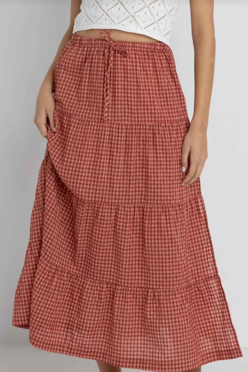 RHYTHM Lola Check Tiered Maxi Skirt - Red