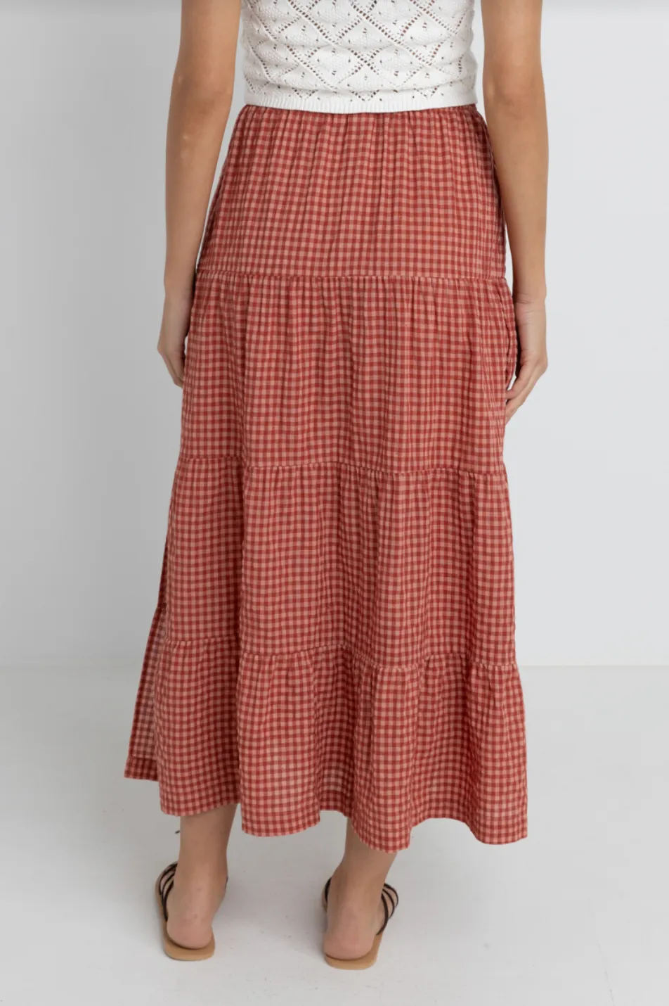 RHYTHM Lola Check Tiered Maxi Skirt - Red