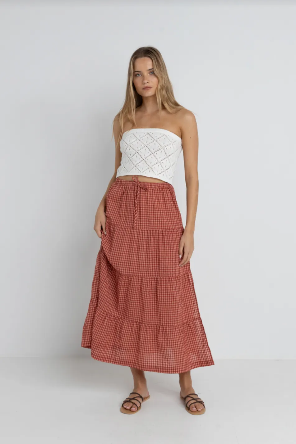 RHYTHM Lola Check Tiered Maxi Skirt - Red