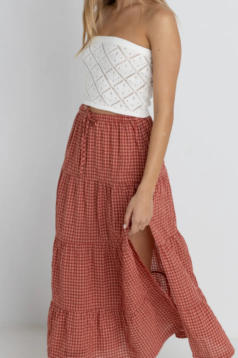 RHYTHM Lola Check Tiered Maxi Skirt - Red