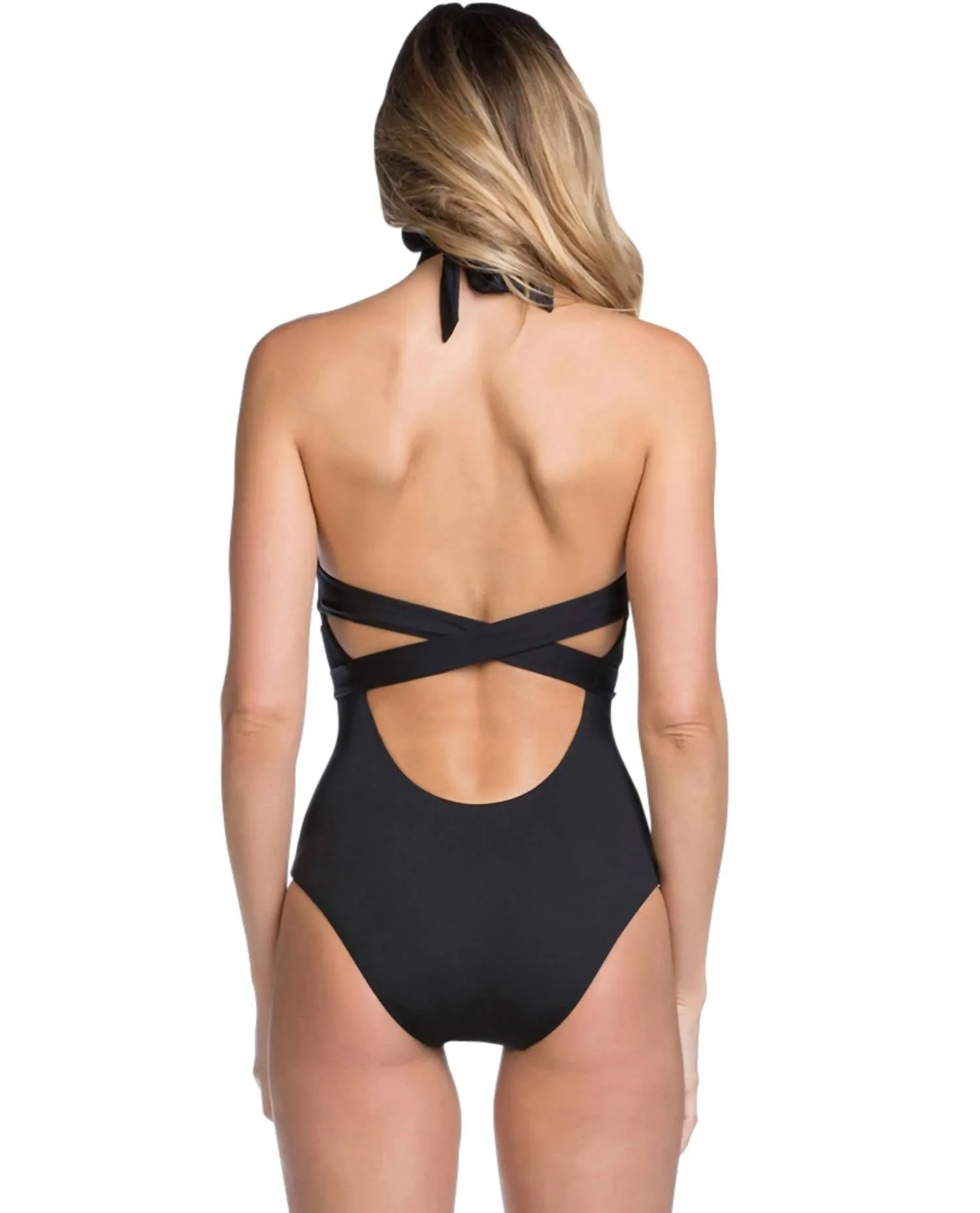 Socialite High Neck Plunge Sash One Piece Swimsuit In Black