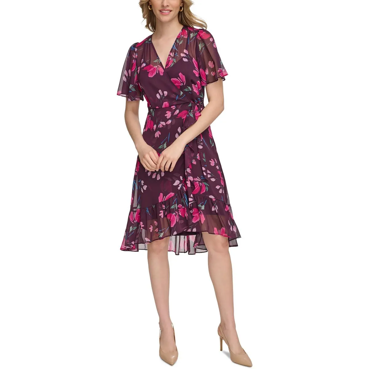 Womens Floral Print Hi-Low Wrap Dress