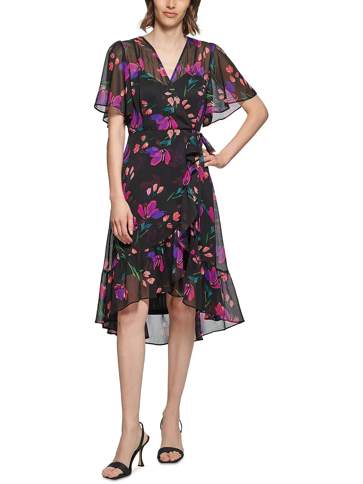 Womens Floral Print Hi-Low Wrap Dress
