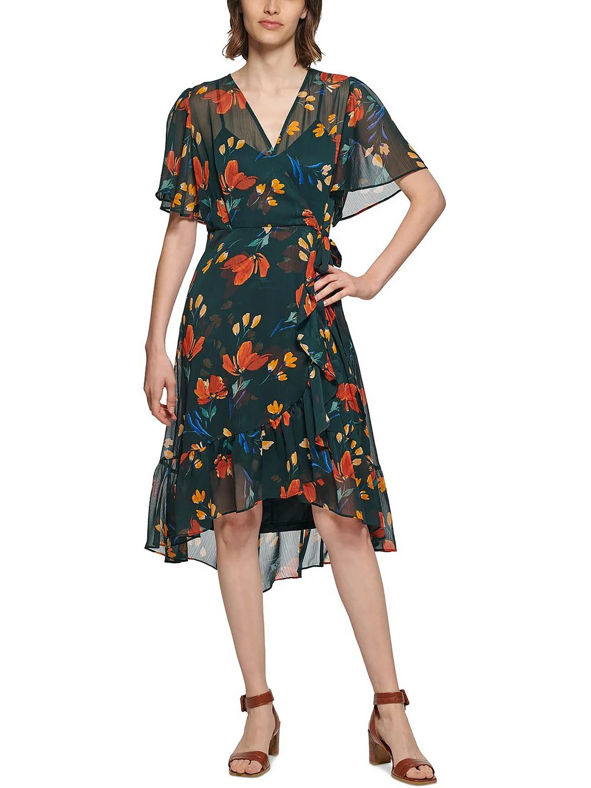 Womens Floral Print Hi-Low Wrap Dress